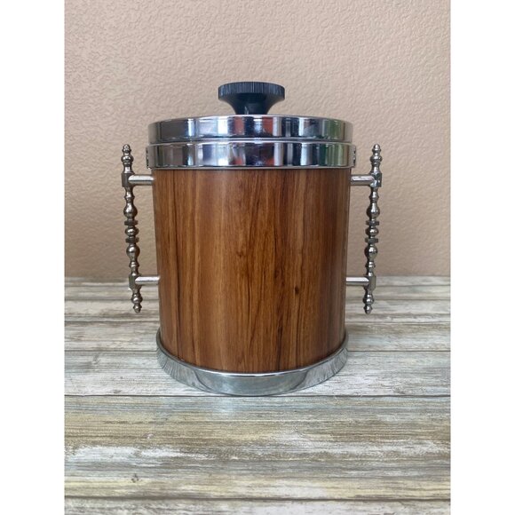 Mid Century M Taka Japan Ice Bucket Teak-Tone Woodgrain Chrome Lid Retro Barware - Picture 7 of 13